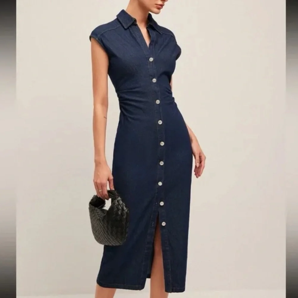 NWT COMMENSE V-Neck Navy Denim Button Down Sleeveless Midi Dress XS - Picture 6 of 8